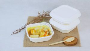 [25 PCS] Bagasse Square Bowl + Tutup Wadah Makanan Warna Putih Kotak Takeway Makanan berkuah Wadah Kotak Dessert Kemasan Makanan Korea Jepang Ramah Lingkungan