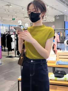 Áo Thun Dệt Kim Cổ Cao Tay Ngắn Dáng Ôm Cho Nữ Mùa Xuân Hè Phong Cách Mới Mỏng Mặc Trong Lớp Lót Chất Liệu Sợi Cellulose