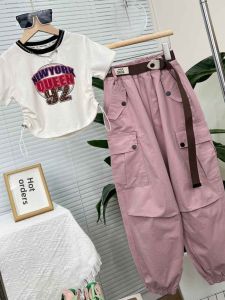 Girls Summer Sportswear Set Short Sleeve Casual Pants Two Piece Outfit for Medium to Large Children Trendy And Fashionable