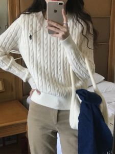 Retro V-neck Cable-Knit Pullover Sweater Female Fall and Winter Korean Style Loose Pullover Soft Glutinous Horse Logo Embroider Knitting Tops