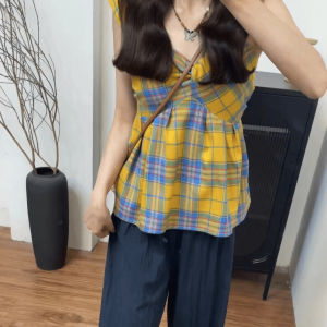 Korean Yellow Plaid Strap Vest Women Summer New Spicy Irregular Pleated Sleeveless Top Outerwear Trendy Soft Satin Material