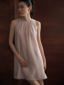 hacikis | Cream Peony Bubble Texture Lace Hem Sleeveless Straight Dress