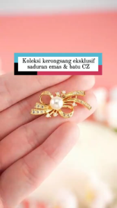 KERONGSANG TUDUNG Ribbon Saduran Emas 24K Permata Putih Mutiara Putih Zhulian