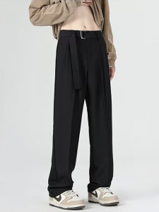Naples Mens Casual Pants Draped High-End Feelings with Belt Built-In Straight Leg Lightweight Luxury Trousers for Teens