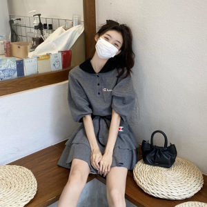 Cute Champion Summer College Style Student Casual Fashion Polo Neck Color Block Short Sleeve T-Shirt Skirt Two Piece Set