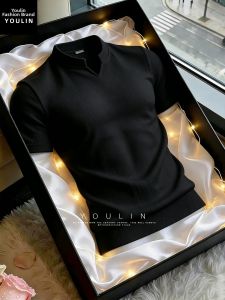 YOULIN | Black Texture V-Neck Straight Shoulder Short Sleeve Summer T-Shirt Slim Fit Muscular