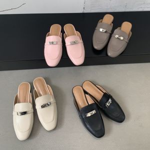 French Style Half Slippers Womens Shoes Outdoor Wear Spring Summer Lazy Slip-On Mules Low Heel Rubber Outsole Smooth Leather