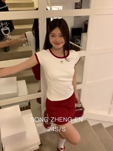 Cute ribbon coquette top pure cotton basic top women round neck