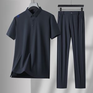ROMON | Lomond Mens Short Sleeve Ice Silk Casual Sports Thin Summer Set Fathers Day Middle-Aged Dad Polo Shirt Long Pants