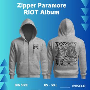 Hoodie Zipper Jumper HSCLO Musik Band PARAMORE Riot Album Sweatshirt Pocket Warna Putih Bahan Fleece Ukuran Jumbo Big Size XS S M L XL XXL 3XL 4XL 5XL
