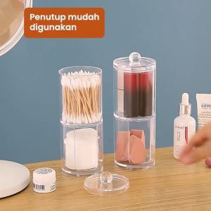 Mainland Kotak Kosmetik dengan Penutup Kayu Rak Tempat Kapas Cotton Bud Perhiasan Tempat Makeup Aksesoris Toples Cotton Bud Makeup Organizer Transparan HSB704