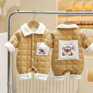ชุดบอดี้สูทเด็กทารกแบบใหม่ฤดูใบไม้ร่วงและฤดูหนาวรอมเปอร์สูทผ้าฝ้ายแบบบางใส่ด้านนอกสำหรับเด็กทารกเสื้อผ้าให้ความอบอุ่นบุขนน่ารักสุดๆ