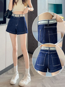 High Waist Elastic Waist Denim Shorts Women Summer 2025 Style Cover Belly A-Line Wide Leg Hips Concealing Three-Quarter Length