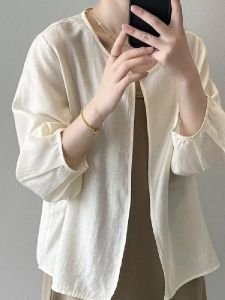 เสื้อเชิ้ตแขนยาวป้องกันแสงแดดแบบหลวมๆ สำหรับผู้หญิงในฤดูใบไม้ผลิและฤดูร้อน เสื้อคลุมคาร์ดิแกนคอตั้งทรงหลวมๆ ทรงหลวมๆ ทรงหลวมๆ