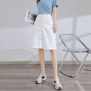 กระโปรงยีนส์ทรงเอเอวสูง กระโปรงทรงเอเข้ารูป ผ้าฝ้ายผสม PU สำหรับผู้หญิงในช่วงฤดูร้อน สไตล์ใหม่ 2025 กระโปรงทรงเอบาง