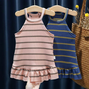 2-6 Years Kids Girls Summer Sweet Striped Print Sleeveless Cotton Camisole Above The Knee Mini Dress