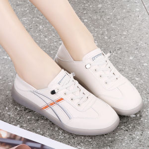 Genuine Leather Mom Shoes Slip-On Soft Bottom Flat Bottom Anti-Slip Spring White Sneakers Casual Style Elastic Closure Daily Wear