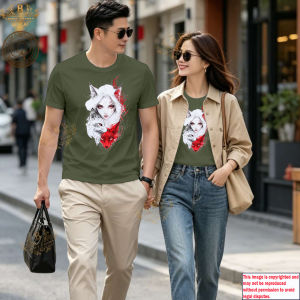 light gray couple t shirt Chinese Ink Nine-Tailed Fox Anime Print 100% Cotton Casual Tee PBD26009