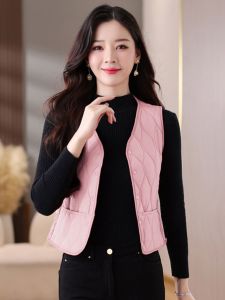 เสื้อกั๊กผ้าฝ้ายขนเป็ด แขนยาว คอวี ทรงเข้ารูป อบอุ่น สำหรับผู้หญิง ฤดูใบไม้ร่วง/ฤดูหนาว เสื้อกั๊กแบบมีซิป แขนสั้น สำหรับใส่ในบ้าน