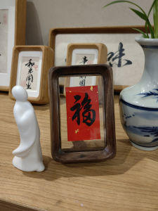 Mini Handwritten New Year Calligraphy Picture Frame Wooden Stand Real Wood Decorative Piece Fortune Brings Happiness