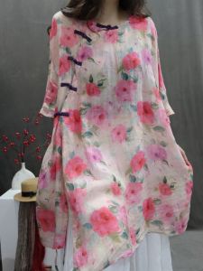 Retro Mid Length Long Length Cotton and Linen Print Shirt Womens Summer Diagonal Button Split Zen Improved Tea Clothes Linen Tops