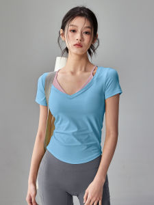 Fitness Girl Yoga Clothes Short Sleeve Elastic Slimming Pilates Running Sports Top Summer Thin Fake Two-Piece Gymwear
