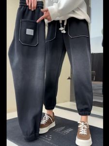 กางเกงฮาเร็มผู้ชาย ฤดูใบไม้ร่วง/ฤดูหนาว กางเกงขายาวลำลอง อบอุ่น บุขนแกะ หลวม ปลายขาสั้น ฤดูร้อน บาง กางเกงวอร์มไซส์ใหญ่