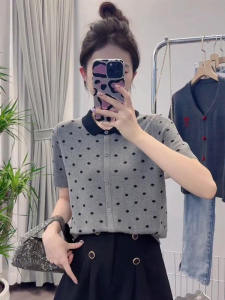 Color Block Doll Collar Short Sleeve T-Shirt Womens Vintage Polka Dot Single Button Open Cardigan Summer Fashion Trend