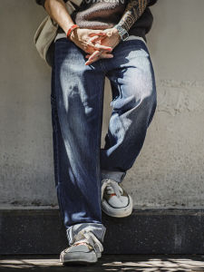 Maden American Retro Logging Cotton Denim Loose Straight Leg Jeans Men Summer Casual Straight Cut Blue Jeans mid Waist Zipper Fly