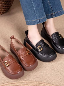Leather Flats round Toe Slip-On Comfortable Breathable Versatile Womens Shoes Casual Style Flat Heel Fashionable All-Season Footwear