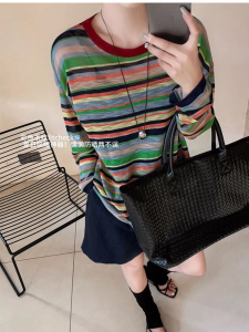 Summer Thin Long Sleeve Knitted T-Shirt Womens Silk Linen Stripe Design Cover up Sun Protection Early Autumn Top