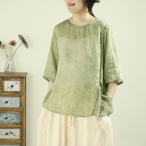 QIANQIUFEIYAN | Áo Blouse Dễ Dàng Chất Gai Cổ Tròn Có Phù Điệu Phong Cách Trung Quốc