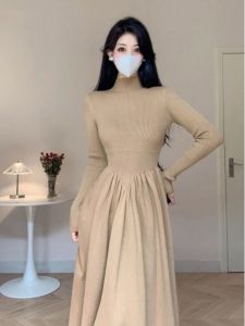 French Style Half High Collar Knitted Maxi Dress Womens Autumn Winter Sweet Body Shape Elegant Small Size Base Layer Dress