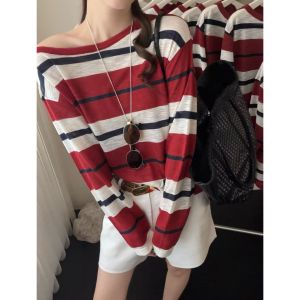 YUEZHONGWEI | Breathable UV-Blocking One-Shoulder Stripe Knit Top