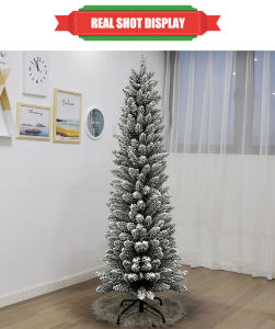 Snow Flocked Hinged Artificial Christmas Pencil Tree Premium PVC Leaf Luxuriant Appearance Sturdy Iron Stand Christmas Tree