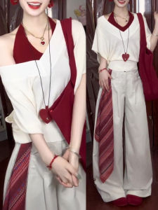 LIRUSHAN | Korean Style Relaxed White Top and Wide Leg Pants Set