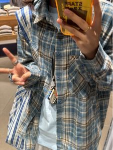 Blue Plaid Casual Shirt Mens Style American Retro Autumn Jacket Loose Fit Youth Trend Online Sales Only Long Sleeve Flip Collar