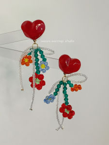 Exaggerated Original Design Red Flower Earrings Beaded Holiday Beach Jewelry Womens Fashion Accessories Crystal Plant Pattern