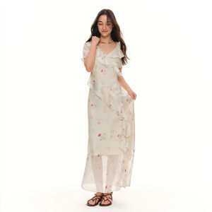 DUSHU | Summer Garden Style Plaid Flowers Ruffles Dress
