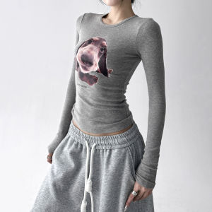 MUYUZI | Autumn Korean Style Dog Print Round Neck Lazy All-match Slim Long Sleeve T-shirt