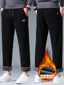 Mens Fleece Lined Thickened Straight Leg Casual Pants Loose Fit Long Trousers Autumn Winter Sports Fashion Urban Style Elastic Waist