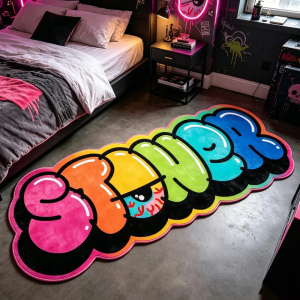 VIKAMA Colorful Graffiti Bubble Letter Long Rug Soft Non Slip Fluffy Shaped Floor Mat Bedroom Gaming Room Trendy Home Decor