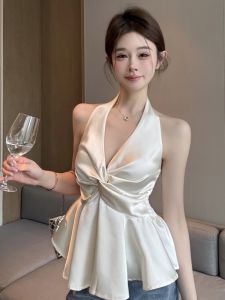 GUZILIAN | เสื้อกล้ามคอวีสีพื้นเซ็กซี่สไตล์ฝรั่งเศส ดีไซน์เก๋ไก๋ แขนกุด ผ้าโพลีเอสเตอร์ ทรงสลิมฟิต สำหรับผู้หญิง