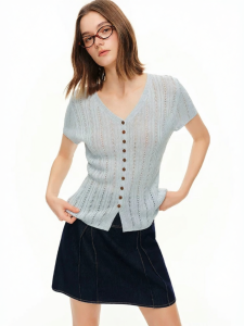 DUSHU | V-Neck Lace Texture Knit Cardigan Short