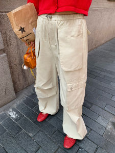 High Waist Spring Autumn Cotton Workwear Pants Womens Mile White Drawstring Elastic Waist Loose Pants Casual Trousers