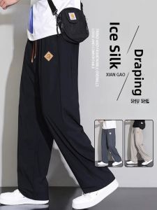 ROMON | Lormen Ice Silk Mens Casual Pants Summer Thin Straight Leg Wide Leg Quick Dry Sport Long Trousers Drapey Loose Fit Youthful