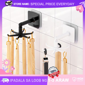Creative Wall-mounted 6 In 1 Hooks 360° Rotatable Kitchen Utensil Wall Hanger Hook Self Adhesive No Drilling Top/Side-hanging Home Bathroom Closet Cabinet Organizer Holder
