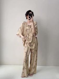 New Spring Soft Cotton Silk Pajamas for Womens Summer Thin Large Size Middle Sleeve Long Pants Sleepwear Two Piece Set Casual Home Clothing Set