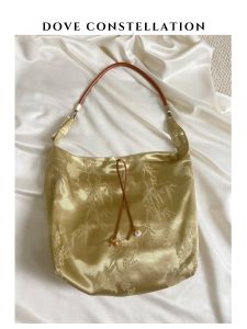 Pigeon Constellation "Golden Lotus Bamboo Shadow" New Chinese Style Satin Jacquard Cloth Bag Cowhide String Underarm Crossbody Dual-Use