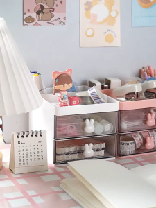 Laci Mini 2 Susun Tempat Penyimpanan Alat Tulis Meja Stationery Rak Laci Tarik Motif Kelinci Estetik